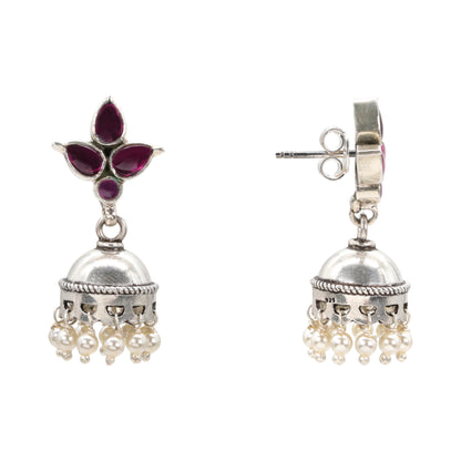 Crimson Petal Shine Silver Jhumka Earrings
