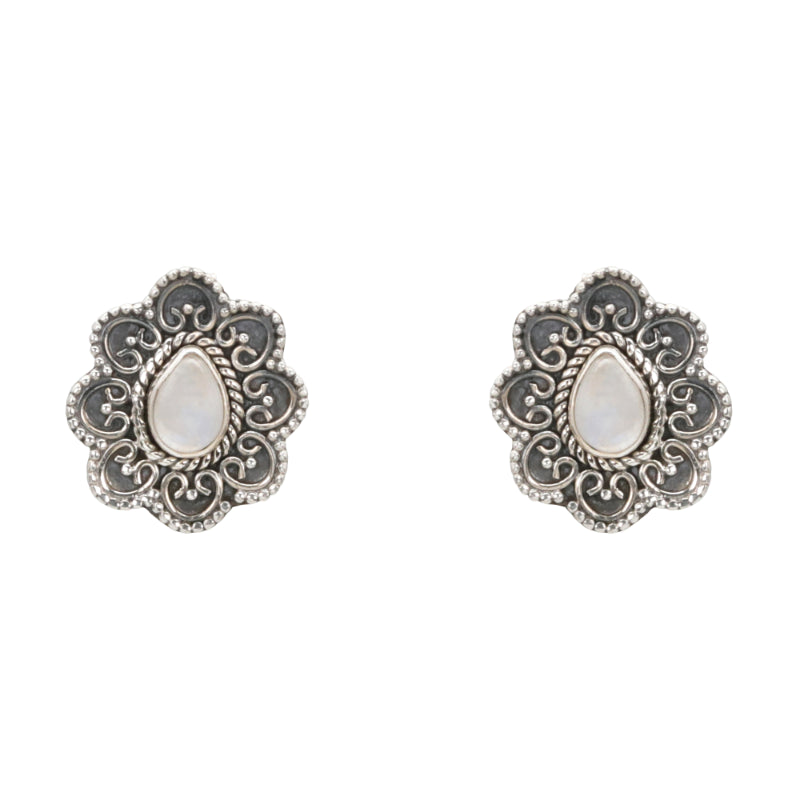 Mystic Bloom Antique Silver Stud Earrings with Moonstone