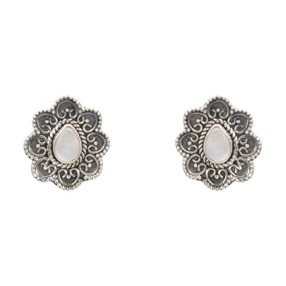 Mystic Bloom Antique Silver Stud Earrings with Moonstone