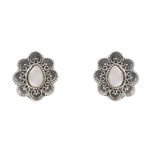 Mystic Bloom Antique Silver Stud Earrings with Moonstone