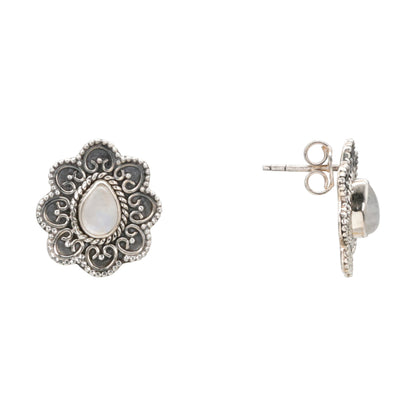Mystic Bloom Antique Silver Stud Earrings with Moonstone