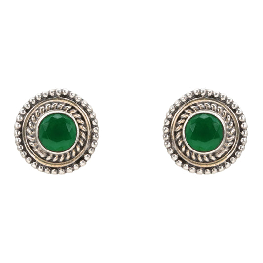 Emerald Harmony Antique Silver Stud Earrings