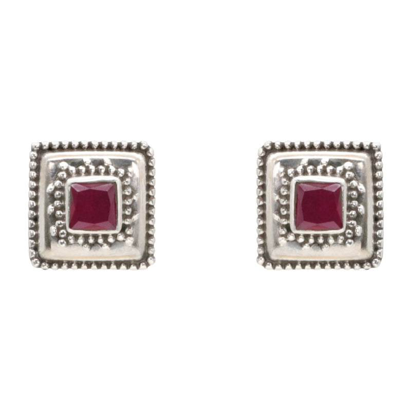 Crimson Square Silver Stud Earrings