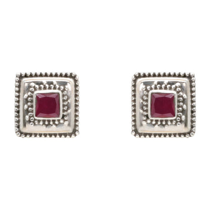 Crimson Square Silver Stud Earrings