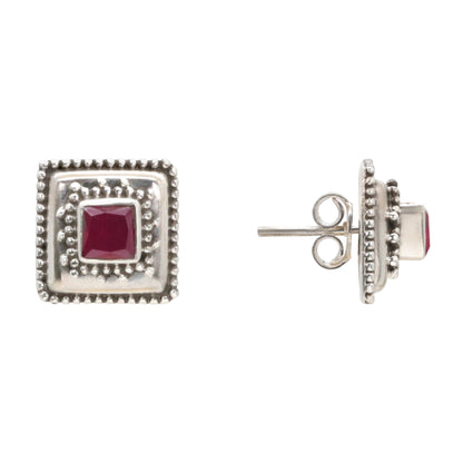 Crimson Square Silver Stud Earrings