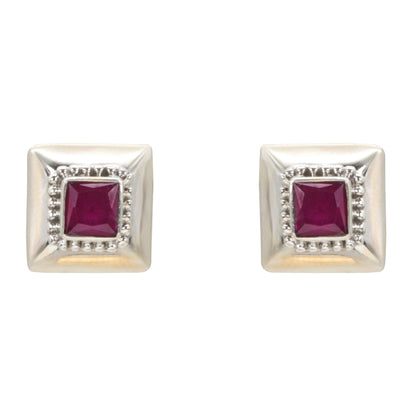 Crimson Square Silver Stud Earrings