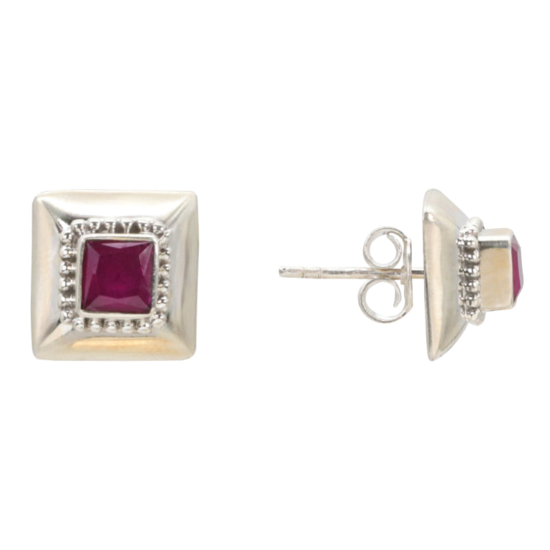 Crimson Square Silver Stud Earrings