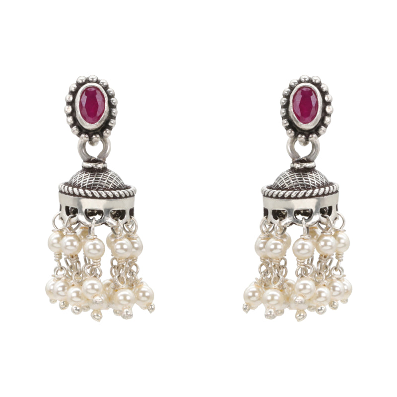 Geometric Red Stone Antique Silver Stud Earrings