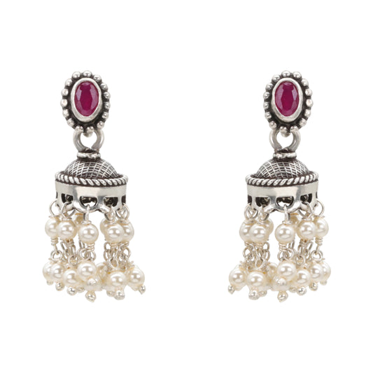 Geometric Red Stone Antique Silver Stud Earrings