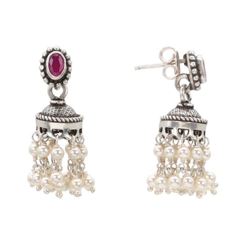 Geometric Red Stone Antique Silver Stud Earrings