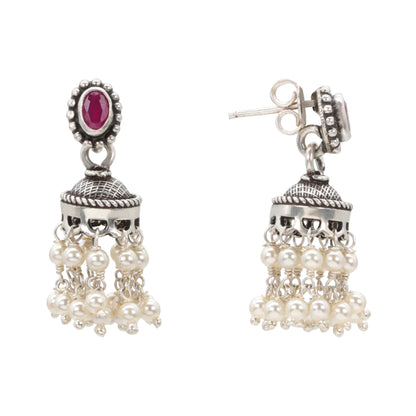 Geometric Red Stone Antique Silver Stud Earrings