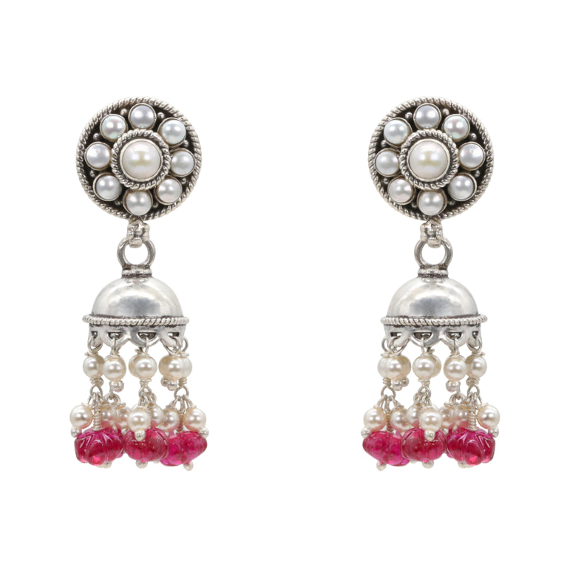 Dual Tone Blossom Silver Jhumka Earrings