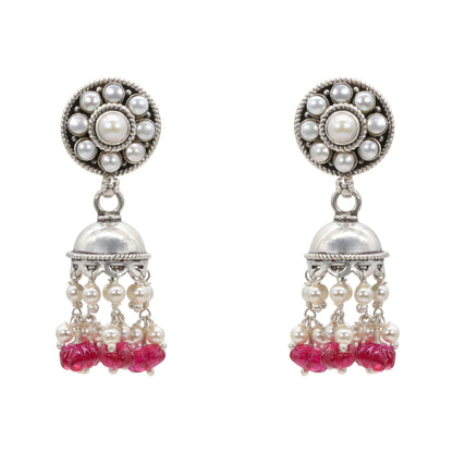 Dual Tone Blossom Silver Jhumka Earrings