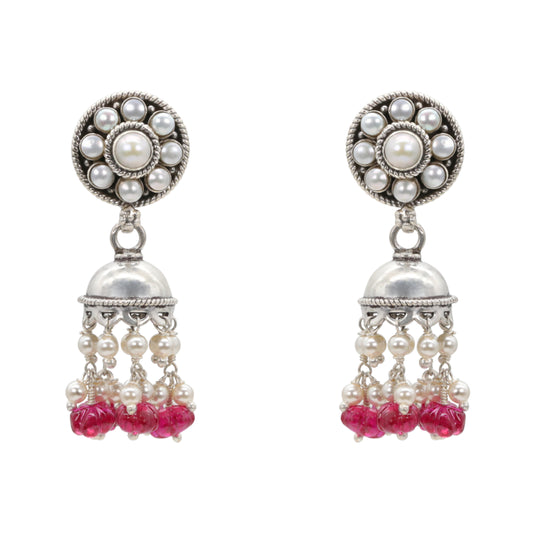 Dual Tone Blossom Silver Jhumka Earrings