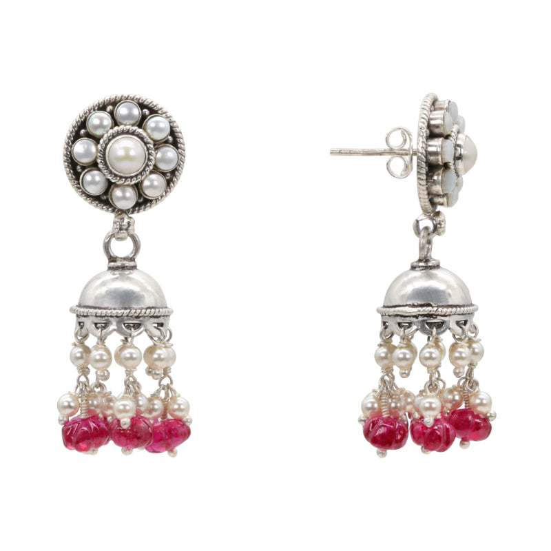 Dual Tone Blossom Silver Jhumka Earrings