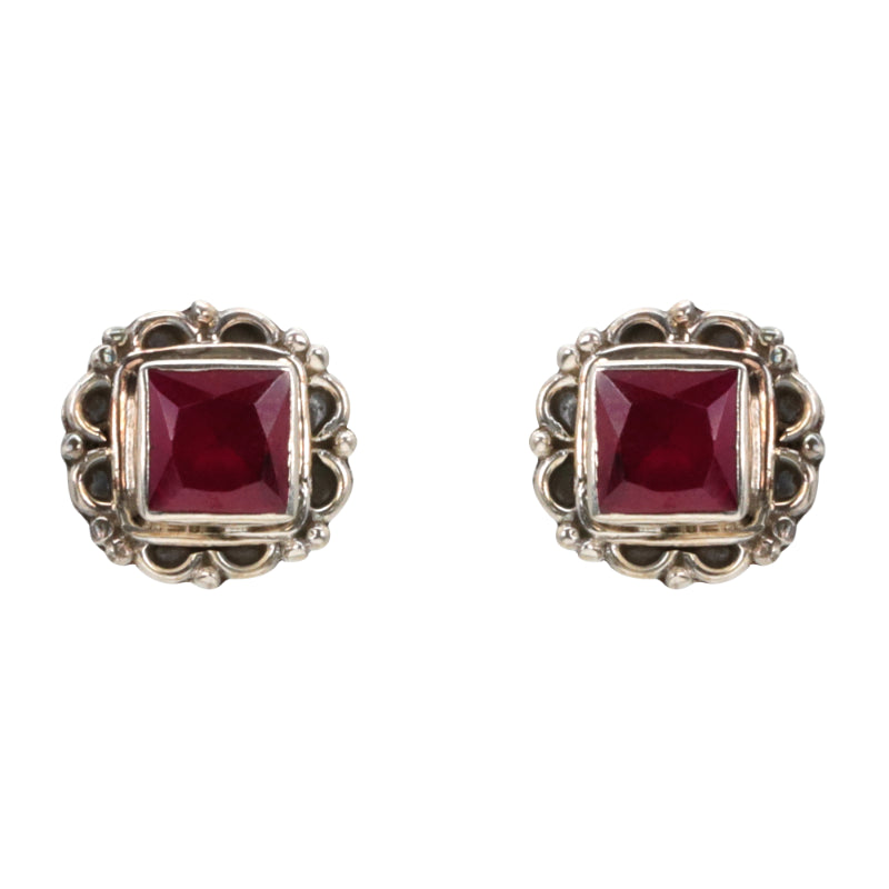 Vintage Square Red Stone Antique Silver Stud Earrings
