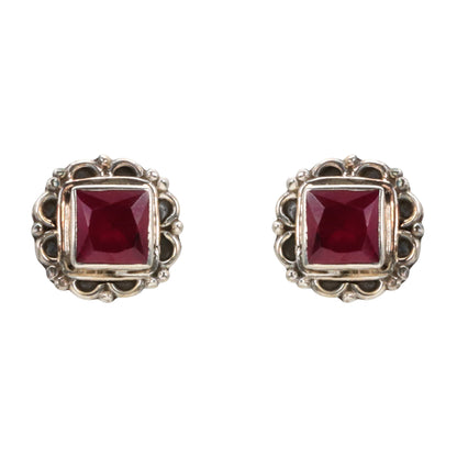 Vintage Square Red Stone Antique Silver Stud Earrings