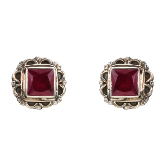 Vintage Square Red Stone Antique Silver Stud Earrings