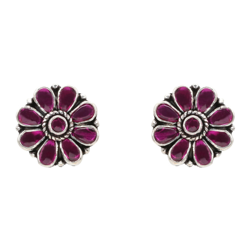 Crimson Petal Antique Silver Stud Earrings