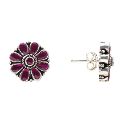 Crimson Petal Antique Silver Stud Earrings