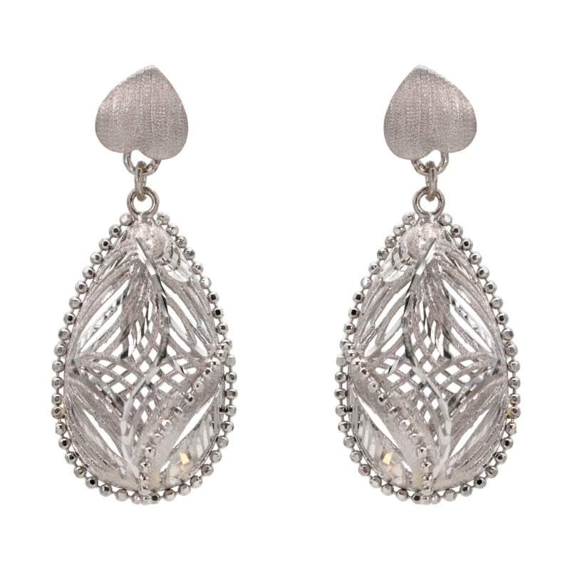 Silver Heart Filigree Drop Earrings