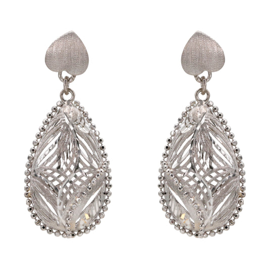 Silver Heart Filigree Drop Earrings
