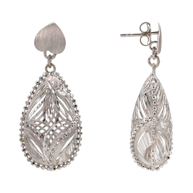 Silver Heart Filigree Drop Earrings