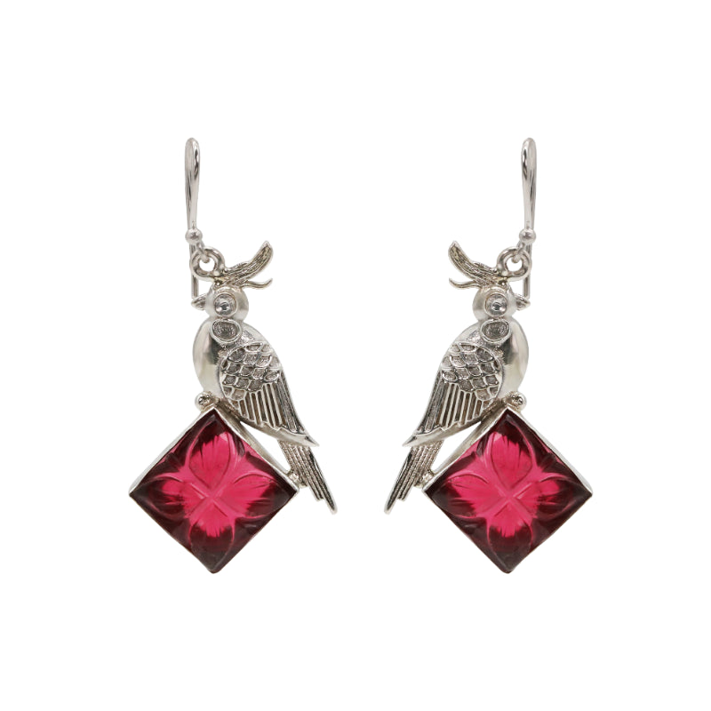 Parrot & Carved Red Stone Drop Earrings