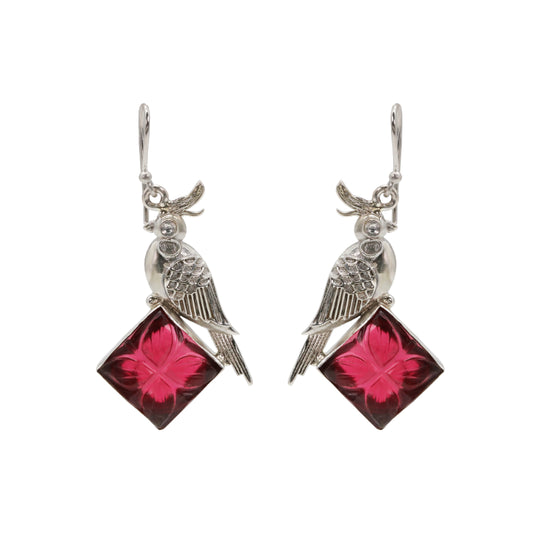 Parrot & Carved Red Stone Drop Earrings