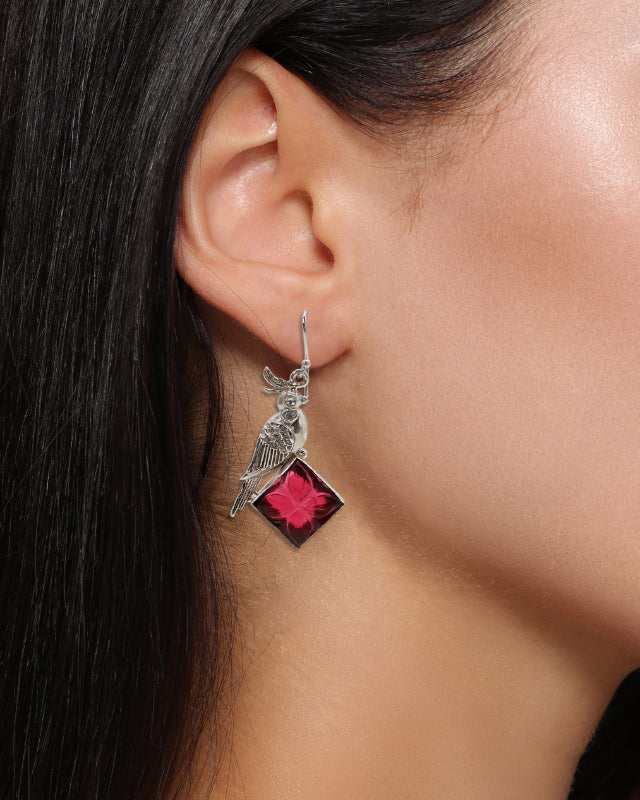 Parrot & Carved Red Stone Drop Earrings