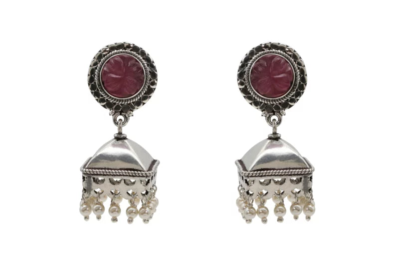 Pink Stone Silver Jhumka Earring