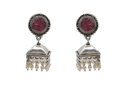 Pink Stone Silver Jhumka Earring