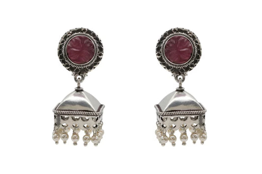 Pink Stone Silver Jhumka Earring