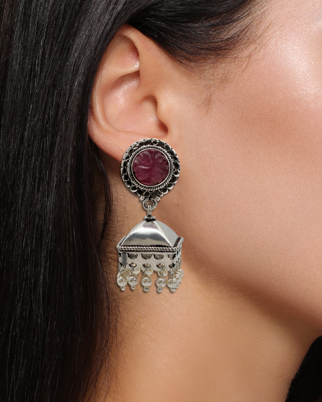 Pink Stone Silver Jhumka Earring