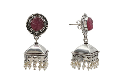 Pink Stone Silver Jhumka Earring