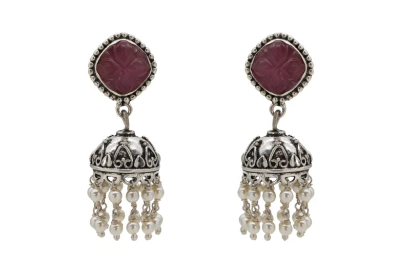 Red Stone Silver Jhumka Earring