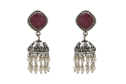 Red Stone Silver Jhumka Earring