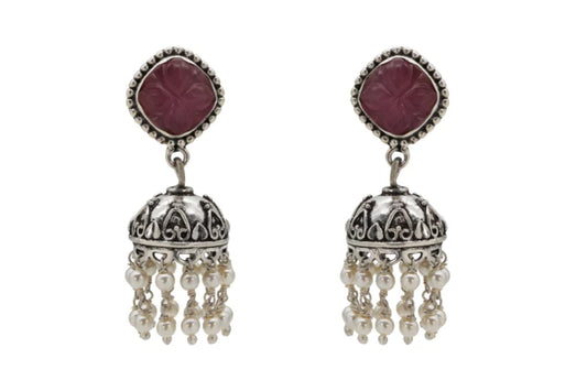 Red Stone Silver Jhumka Earring