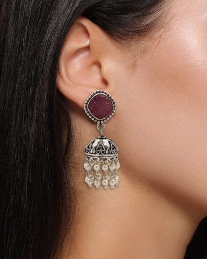 Red Stone Silver Jhumka Earring