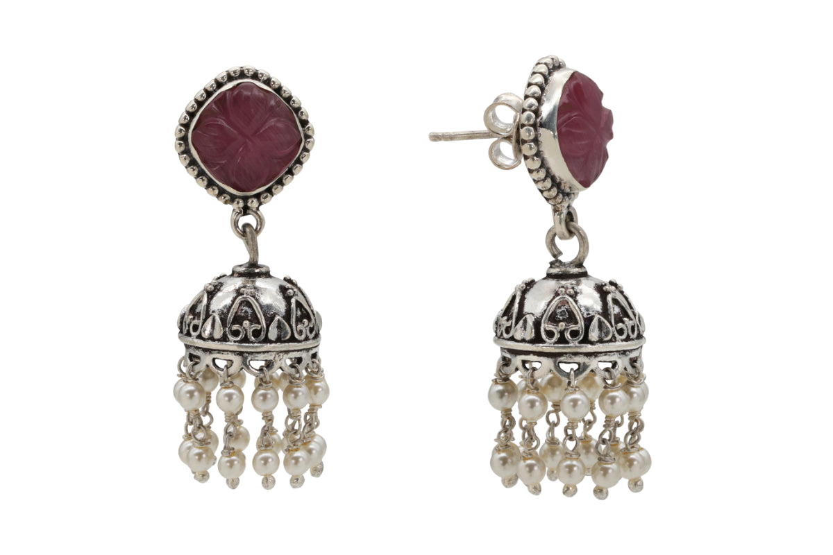 Red Stone Silver Jhumka Earring