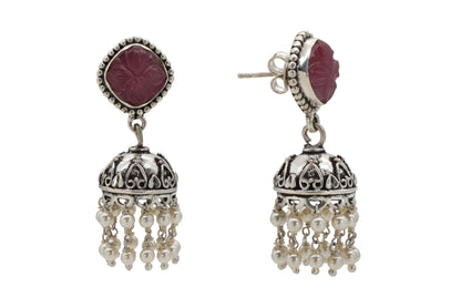 Red Stone Silver Jhumka Earring