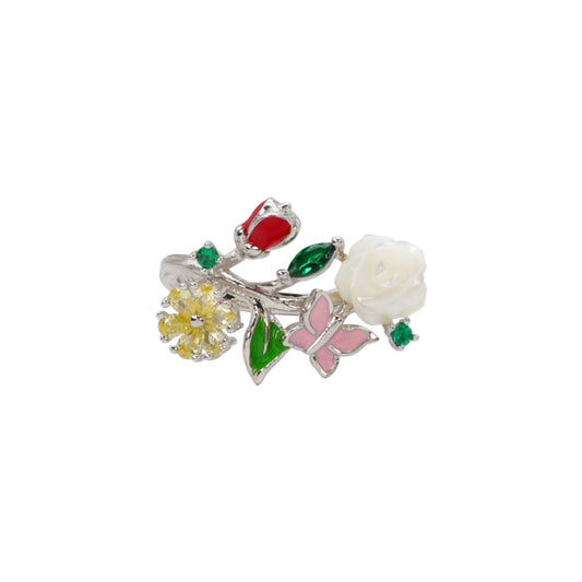 Sterling Silver Multi-Gemstone Floral Ring