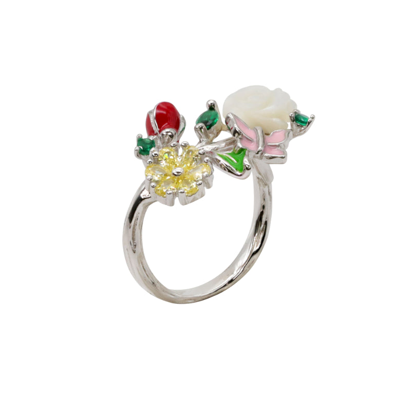 Sterling Silver Multi-Gemstone Floral Ring