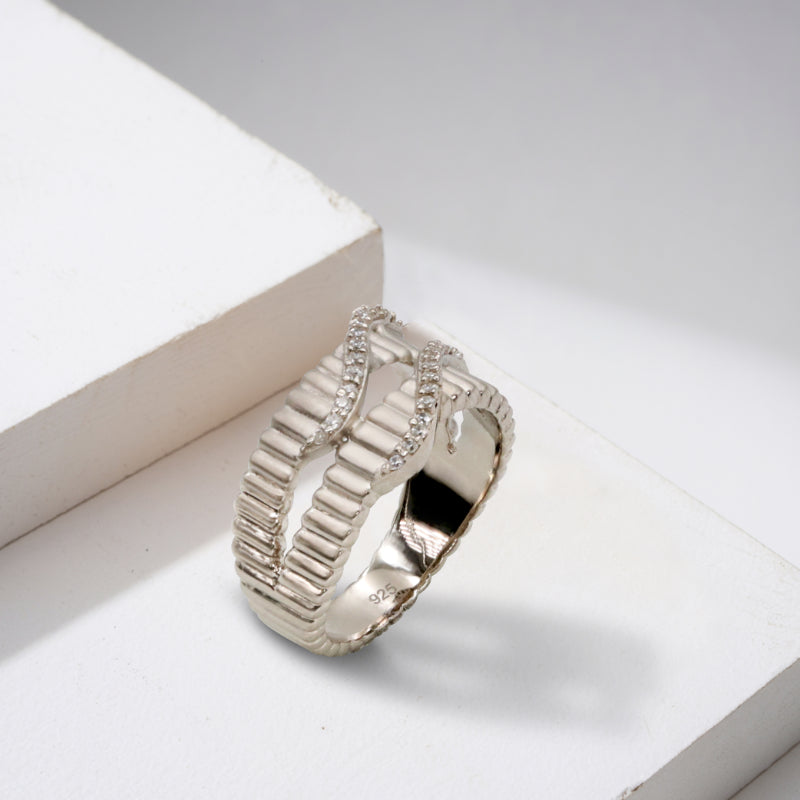 Ribbed Sterling Silver & CZ Intertwined Ring