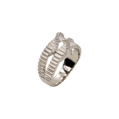 Ribbed Sterling Silver & CZ Intertwined Ring