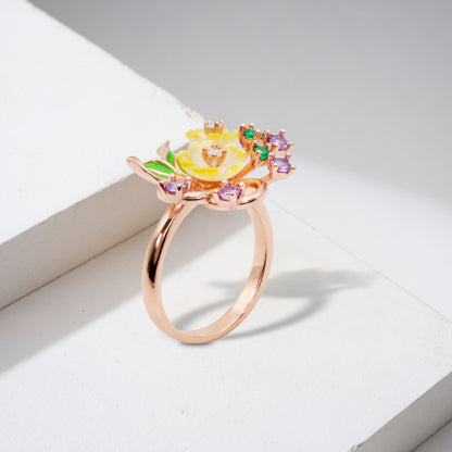 Rose Gold Floral Enamel & Gemstone Ring