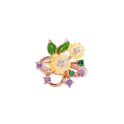 Rose Gold Floral Enamel & Gemstone Ring