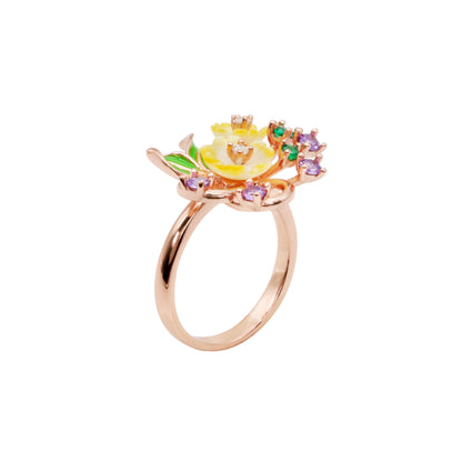 Rose Gold Floral Enamel & Gemstone Ring