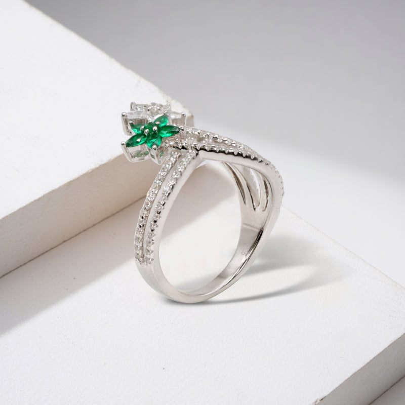 Silver & Green Gemstone Floral Ring