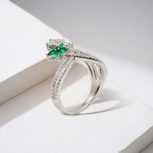 Silver & Green Gemstone Floral Ring